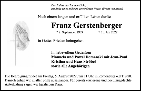 Traueranzeige von Franz Gerstenberger von Rothenburg