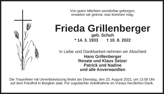 Traueranzeige von Frieda Grillenberger von Ansbach