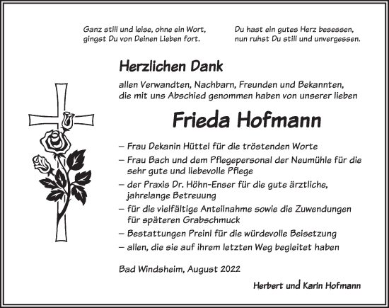 Traueranzeige von Frieda Hofmann von Neustadt/ Scheinfeld/ Uffenheim