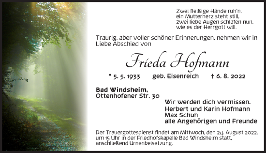 Traueranzeige von Frieda Hofmann von Neustadt/ Scheinfeld/ Uffenheim