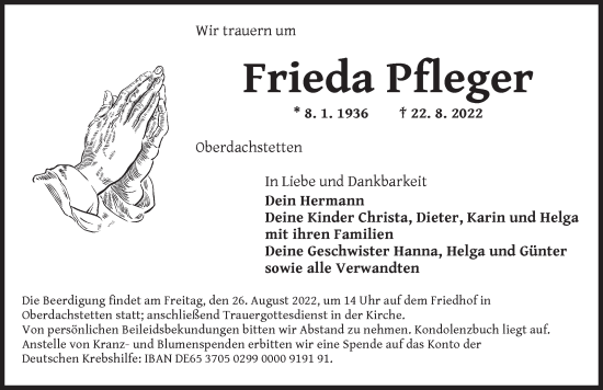 Traueranzeige von Frieda Pfleger von Ansbach