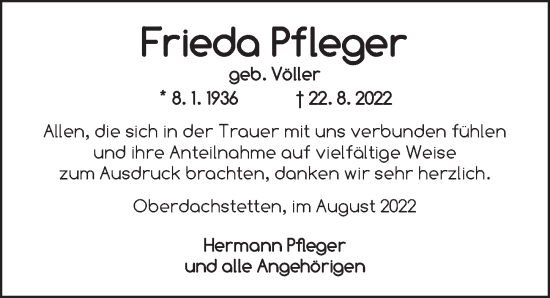 Traueranzeige von Frieda Pfleger von Ansbach