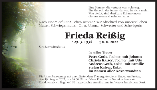 Traueranzeige von Frieda Reißig von Ansbach