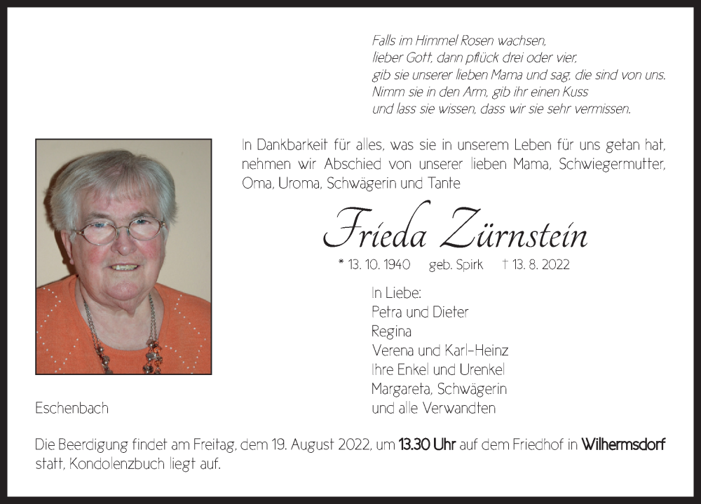  Traueranzeige für Frieda Zürnstein vom 17.08.2022 aus Neustadt/ Scheinfeld/ Uffenheim