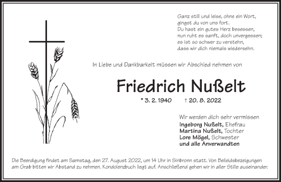 Traueranzeige von Friedrich Nußelt von Dinkelsbühl/ Feuchtwangen