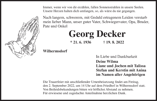 Traueranzeige von Georg Decker von Neustadt/ Scheinfeld/ Uffenheim