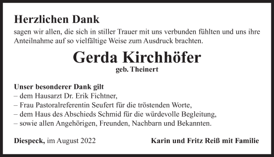 Traueranzeige von Gerda Kirchhöfer von Neustadt/ Scheinfeld/ Uffenheim