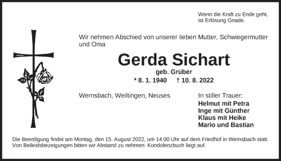 Traueranzeige von Gerda Sichart von Ansbach