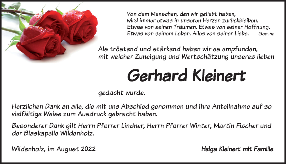  Traueranzeige für Gerhard Kleinert vom 20.08.2022 aus Dinkelsbühl/ Feuchtwangen