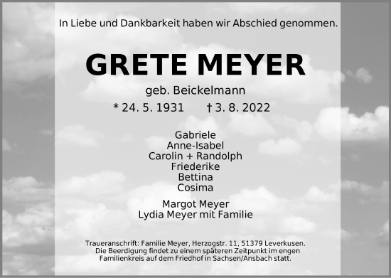 Traueranzeige von Grete Meyer von Ansbach