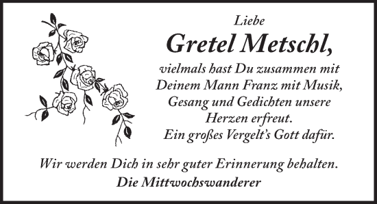 Traueranzeige von Gretel Metschl von Rothenburg