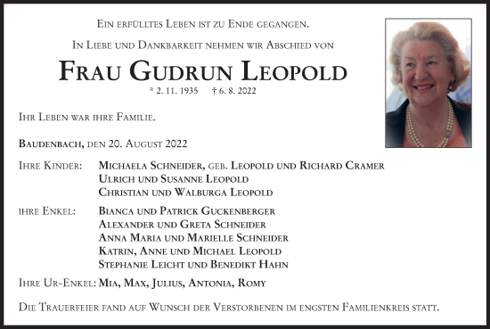 Traueranzeige von Gudrun Leopold von Neustadt/ Scheinfeld/ Uffenheim