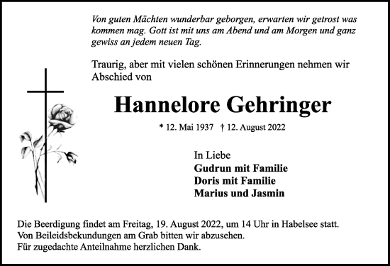 Traueranzeige von Hannelore Gehringer von Rothenburg