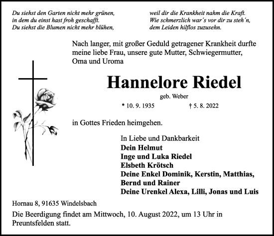 Traueranzeige von Hannelore Riedel von Rothenburg