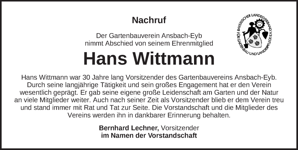  Traueranzeige für Hans Wittmann vom 06.08.2022 aus Ansbach