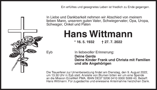 Traueranzeige von Hans Wittmann von Ansbach
