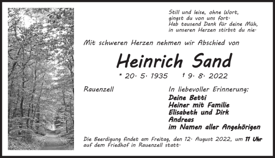 Traueranzeige von Heinrich Sand von Ansbach