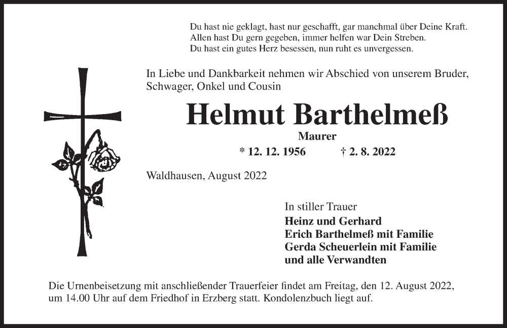  Traueranzeige für Helmut Barthelmeß vom 10.08.2022 aus Dinkelsbühl/ Feuchtwangen