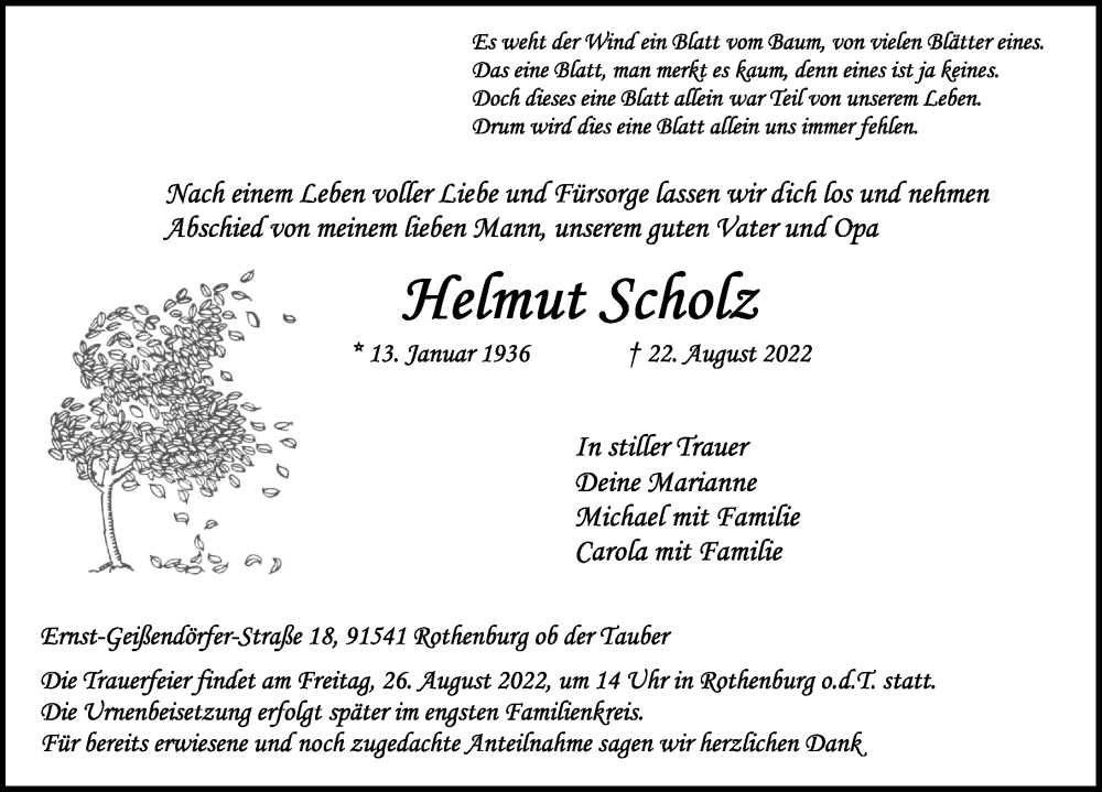  Traueranzeige für Helmut Scholz vom 25.08.2022 aus Rothenburg