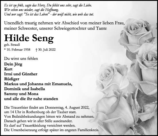 Traueranzeige von Hilde Seng von Rothenburg