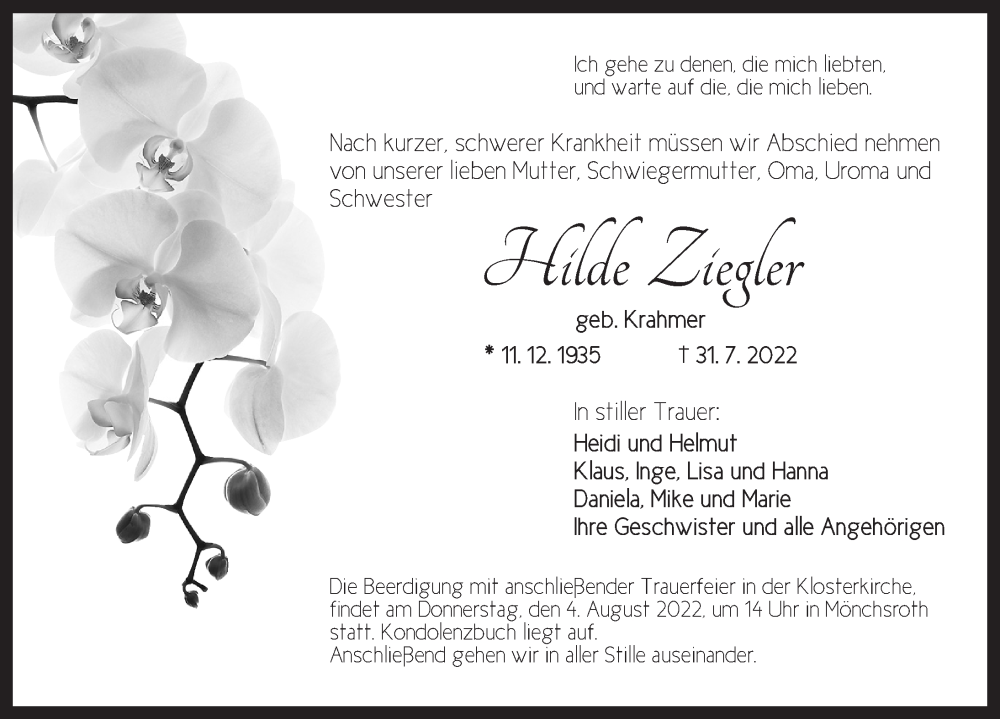  Traueranzeige für Hilde Ziegler vom 03.08.2022 aus Dinkelsbühl/ Feuchtwangen