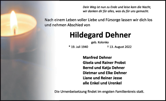 Traueranzeige von Hildegard Dehner von Rothenburg