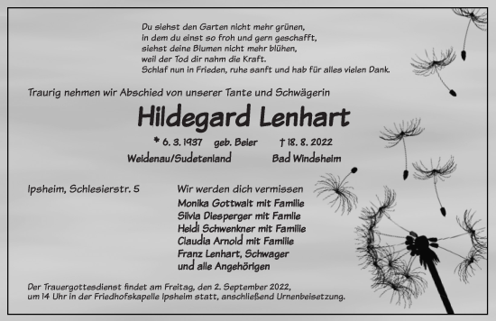 Traueranzeige von Hildegard Lenhart von Neustadt/ Scheinfeld/ Uffenheim