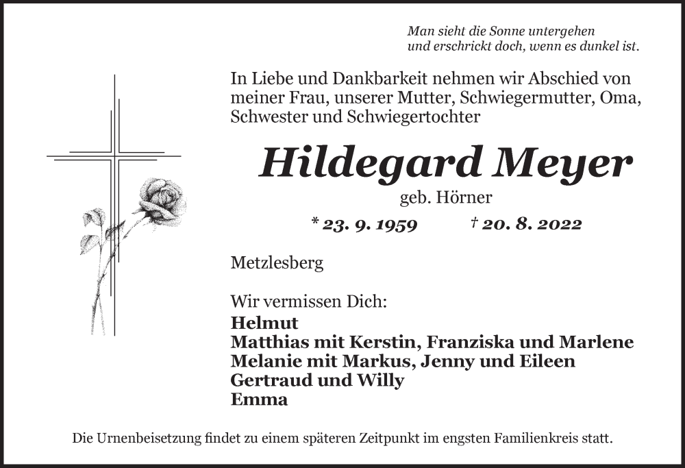  Traueranzeige für Hildegard Meyer vom 23.08.2022 aus Dinkelsbühl/ Feuchtwangen