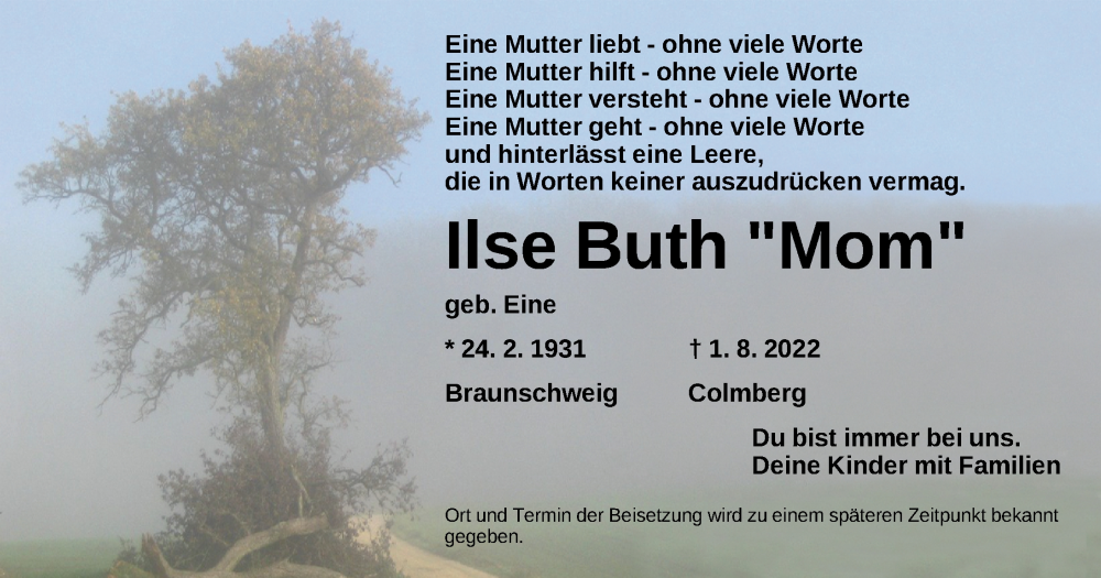  Traueranzeige für Ilse Buth vom 04.08.2022 aus Ansbach