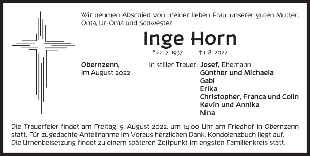  Traueranzeige für Inge Horn vom 04.08.2022 aus Neustadt/ Scheinfeld/ Uffenheim