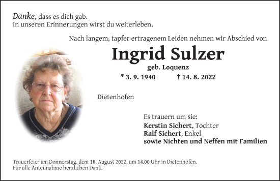 Traueranzeige von Ingrid Sulzer von Ansbach