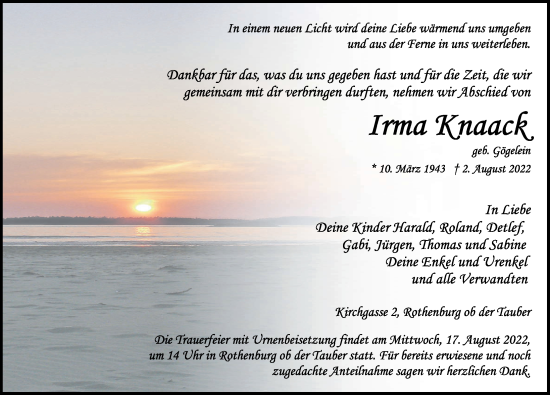 Traueranzeige von Irma Knaack von Rothenburg