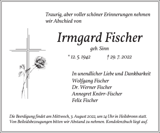 Traueranzeige von Irmgard Fischer von Ansbach