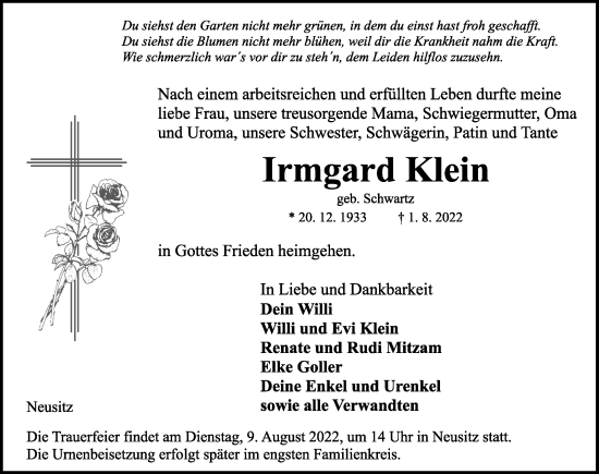 Traueranzeige von Irmgard Klein von Rothenburg