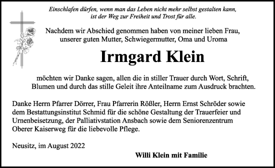 Traueranzeige von Irmgard Klein von Rothenburg