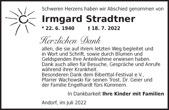 Traueranzeige von Irmgard Stradtner von Ansbach