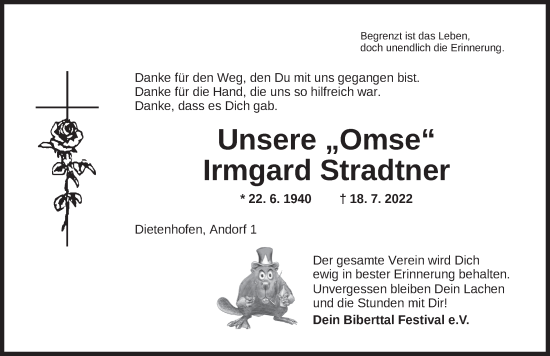 Traueranzeige von Irmgard Stradtner von Ansbach