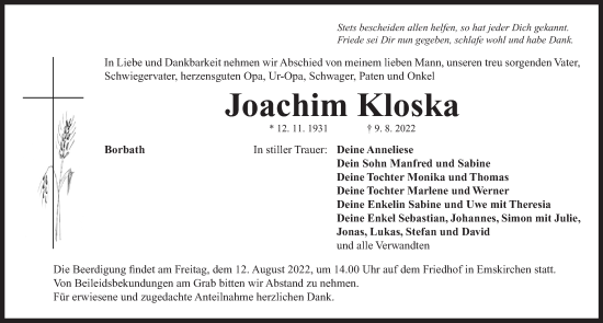 Traueranzeige von Joachim Kloska von Neustadt/ Scheinfeld/ Uffenheim
