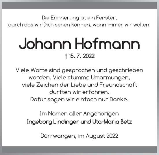 Traueranzeige von Johann Hofmann von Dinkelsbühl/ Feuchtwangen