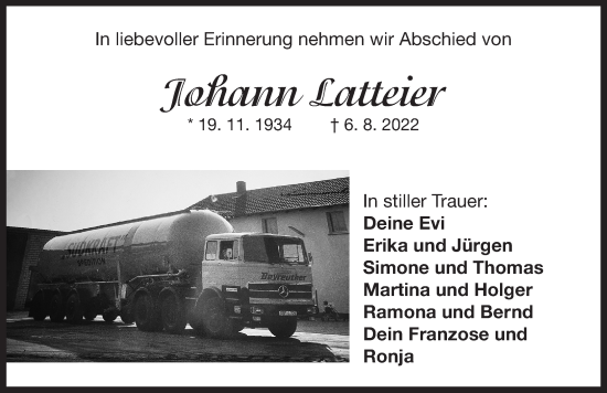 Traueranzeige von Johann Latteier von Neustadt/ Scheinfeld/ Uffenheim