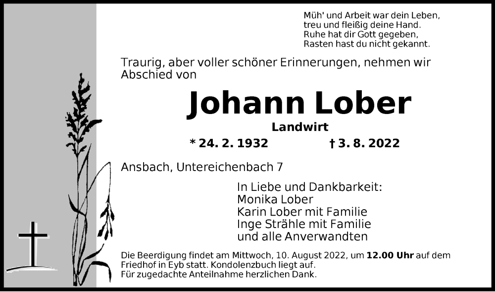  Traueranzeige für Johann Lober vom 06.08.2022 aus Ansbach