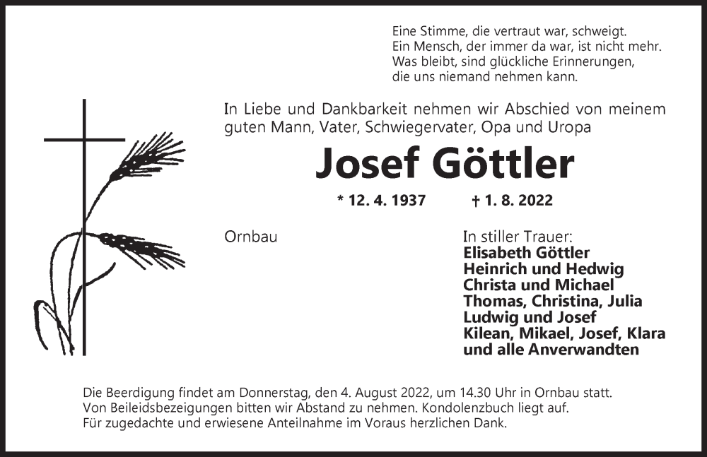  Traueranzeige für Josef Göttler vom 03.08.2022 aus Ansbach