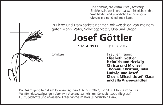 Traueranzeige von Josef Göttler von Ansbach