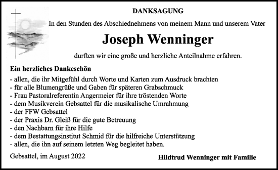 Traueranzeige von Josef Wenninger von Rothenburg