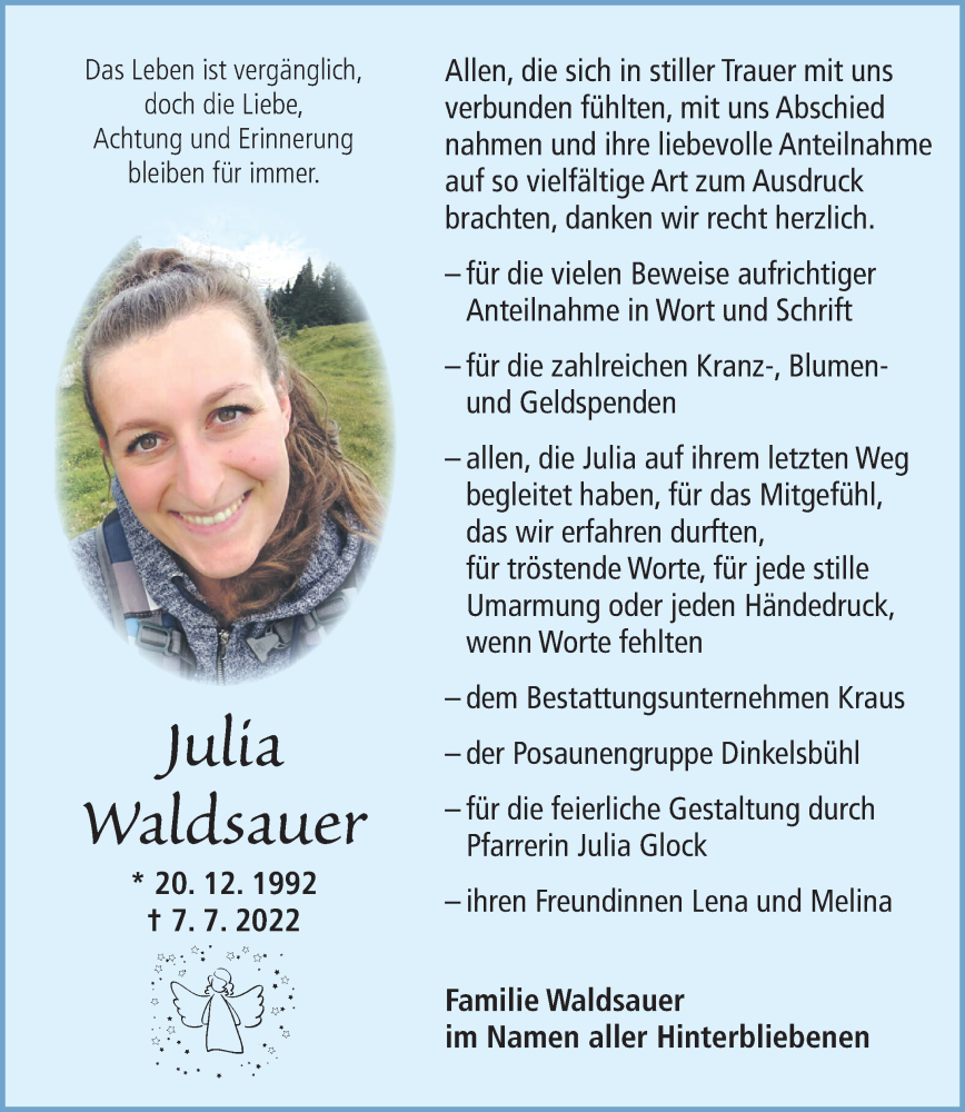  Traueranzeige für Julia Waldsauer vom 05.08.2022 aus Dinkelsbühl/ Feuchtwangen