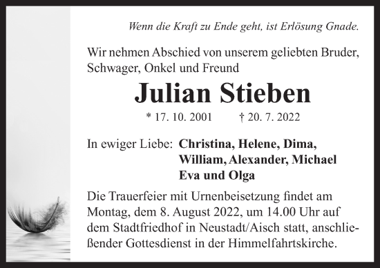 Traueranzeige von Julian Stieben von Neustadt/ Scheinfeld/ Uffenheim
