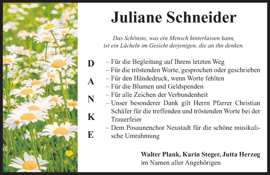 Traueranzeige von Juliane Schneider von Neustadt/ Scheinfeld/ Uffenheim