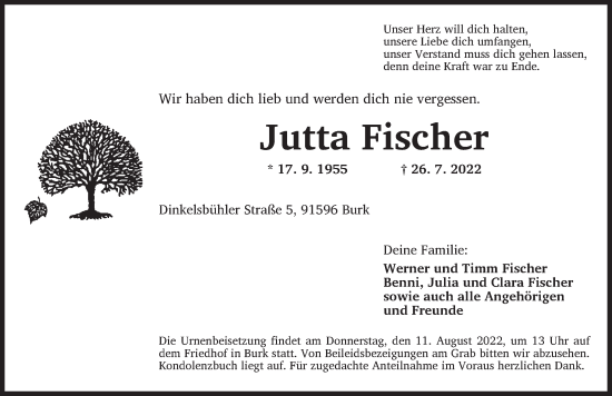 Traueranzeige von Jutta Fischer von Ansbach