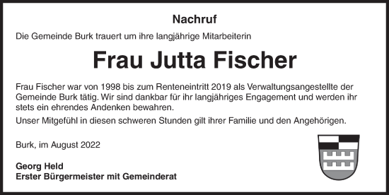 Traueranzeige von Jutta Fischer von Dinkelsbühl/ Feuchtwangen