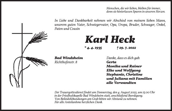 Traueranzeige von Karl Heck von Neustadt/ Scheinfeld/ Uffenheim